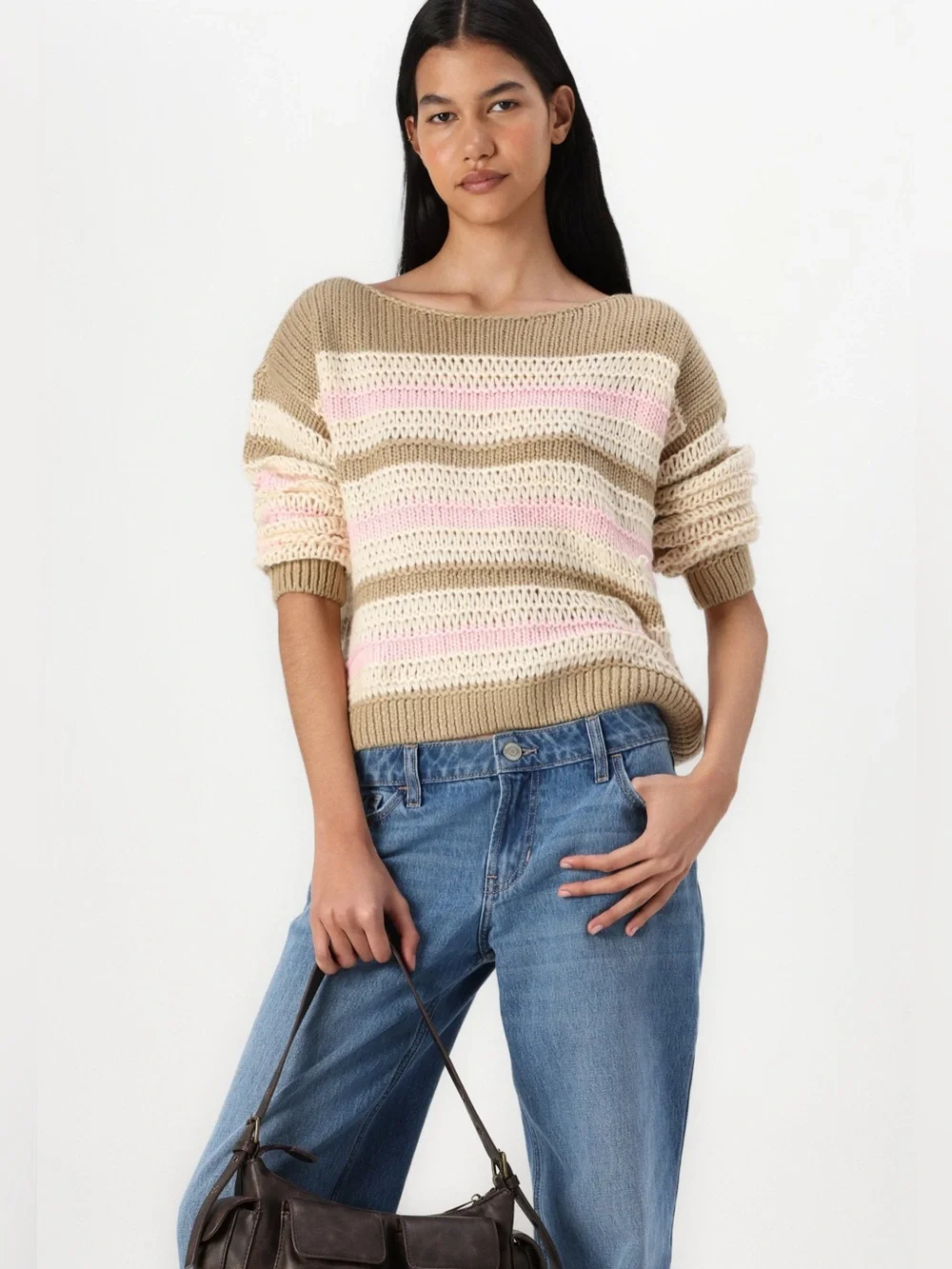 Hollister Striped Slouchy Off The Shoulder Knit Sweater in Beige, Pink & Cream